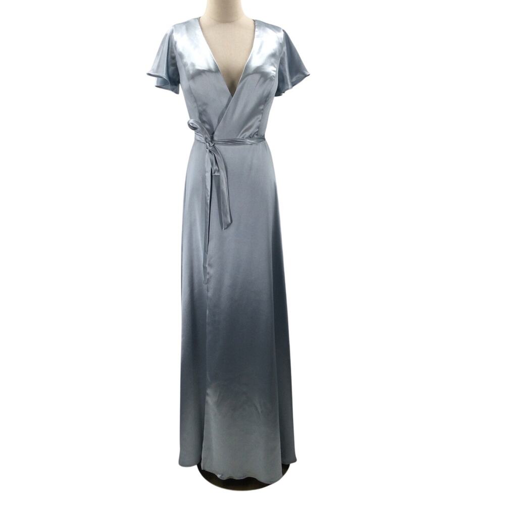 FORMAL PARTY 2 XS baby blue Roseanne crystal satin wrap maxi dress NEW 0B11